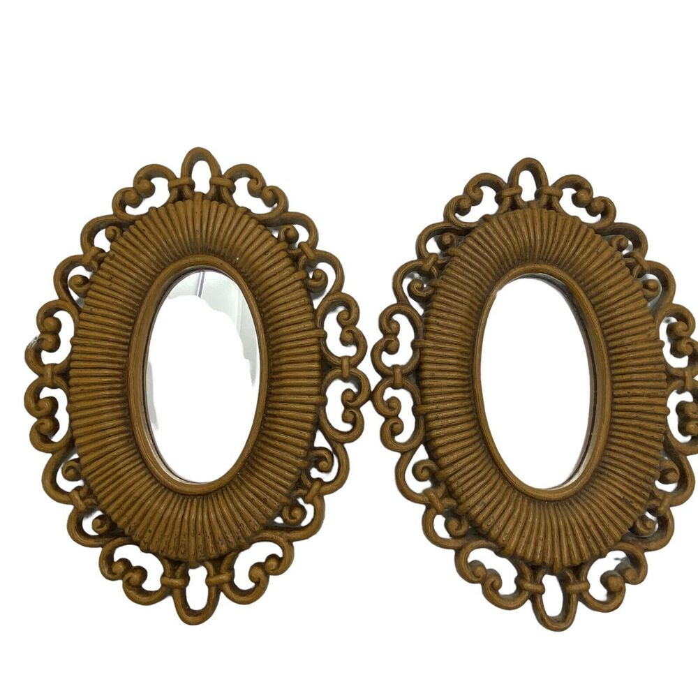 Ornate Mirrors Homco Brown Molded Plastic Faux Rattan Set of 2 Vtg 1978